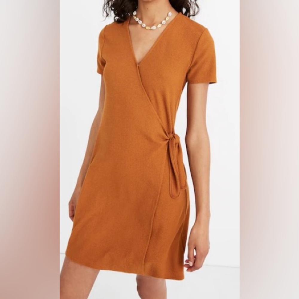 Madewell Texture & Thread Short-Sleeve Side-Tie Dress, medium, burnt orange, EUC